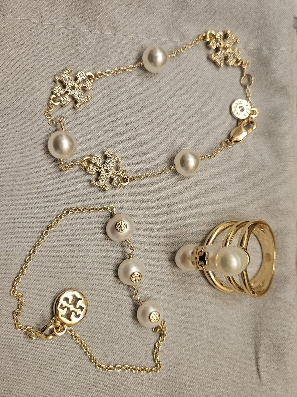 Tory Burch Gold and  Pearl Bracelet and Ring Trio